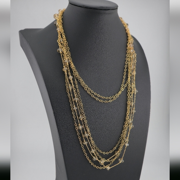 Gold Tone Multi-Strand Chain Necklace with Glass Bead Accents 20" Layered - Picture 1 of 16